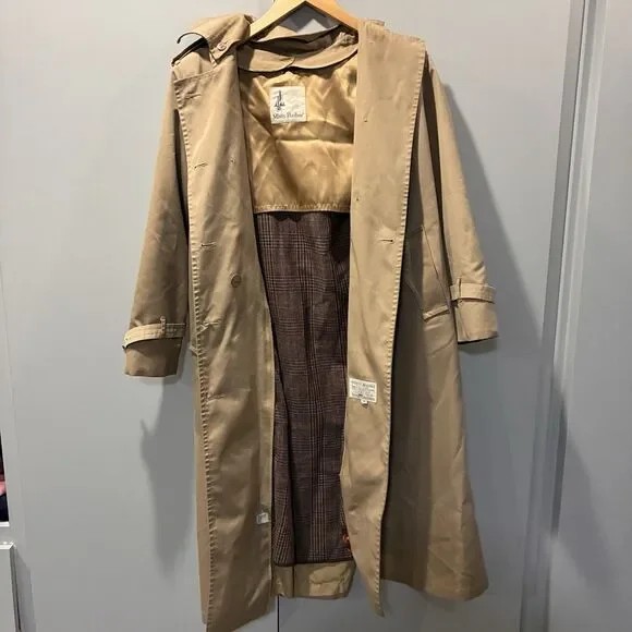 Vintage Union Made Misty Harbor Petite 4 Trench Coat Tan Plaid Lined Belted - Picture 3 of 16